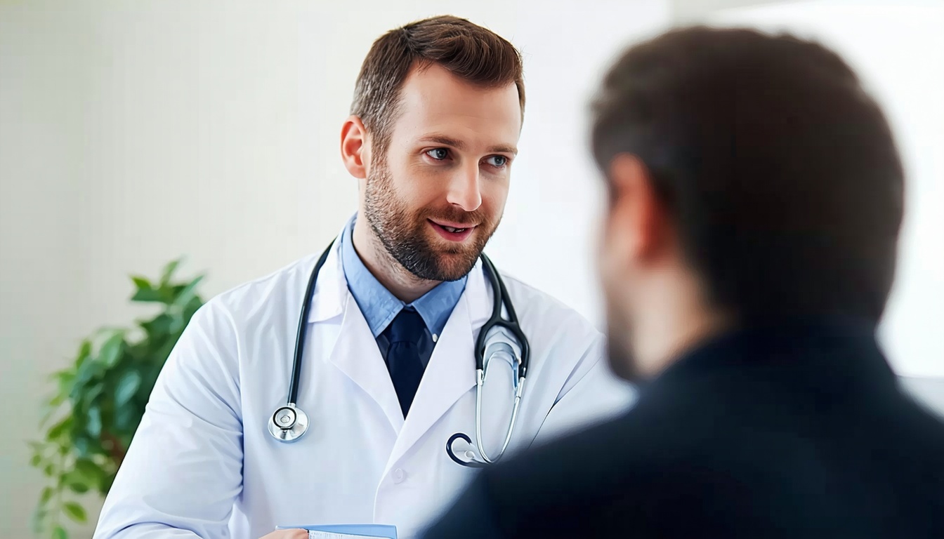 Doctor consulting male patient about ED treatment at Dot Clinics